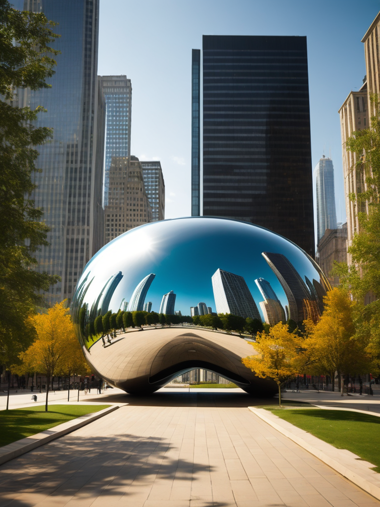 Chicago Millennium Park, Cloud Gate, Green trees, Skyscrapers in the background, Vibrant colors, Deep colors, Contrast lighting, Sunny day, High detail, Sharp details