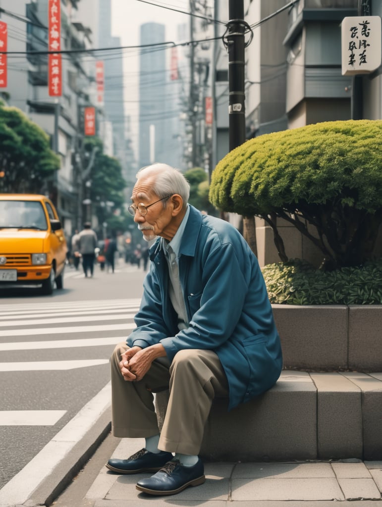 An old man sitting on the curb in tokyo, illustration by Hergé, perfect coloring, 8k