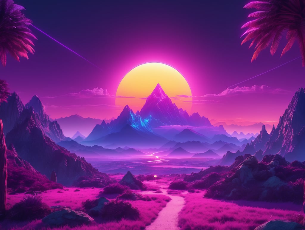 professional photography of a luxury retrowave landscape, purple neon lights, sun, mountain in the middle, fantasy world look, high dynamic range color, strong highlight, volumetric light
