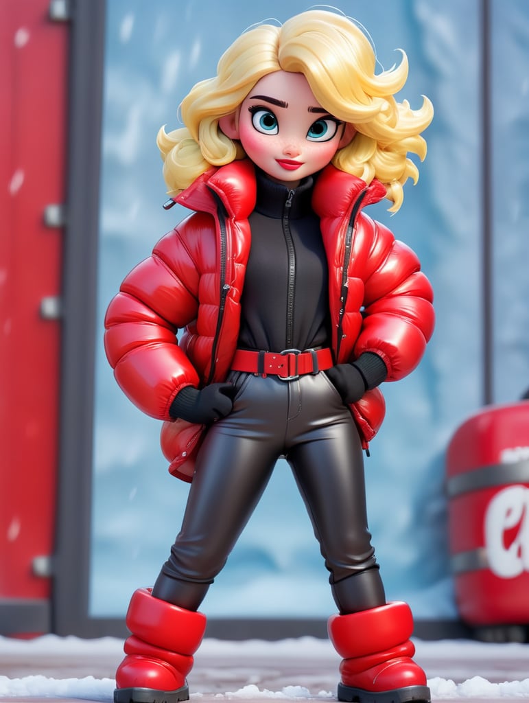 full body girl in a red glossy puffer jacket with bulky belt and massive zipper tab around waist and red glossy down puffer boots