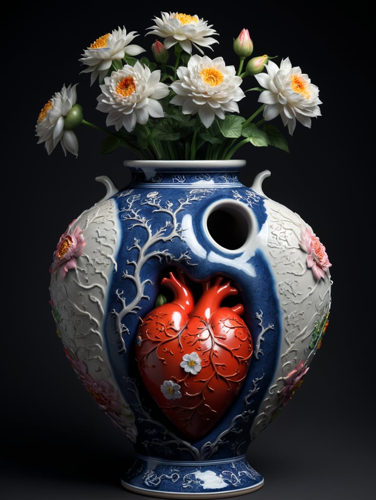 Chinese porcelain human heart vase, with flower