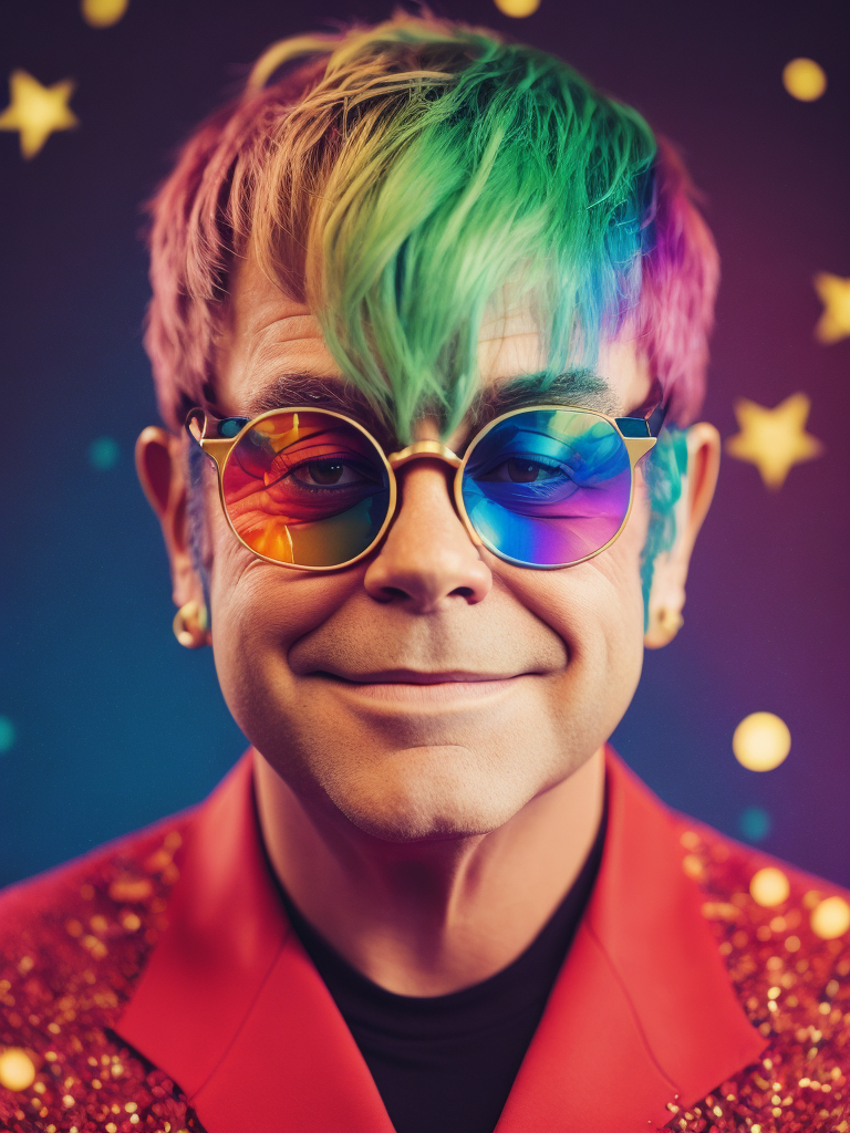 Portrait of Elton John with star-shaped glasses, Against a bright gradient, Vivid saturated colors, Contrast color