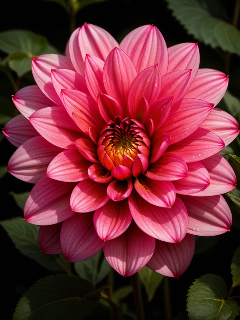 Realistic pink dahlia flower with leaves. Let there be dew grains on it. dark background
