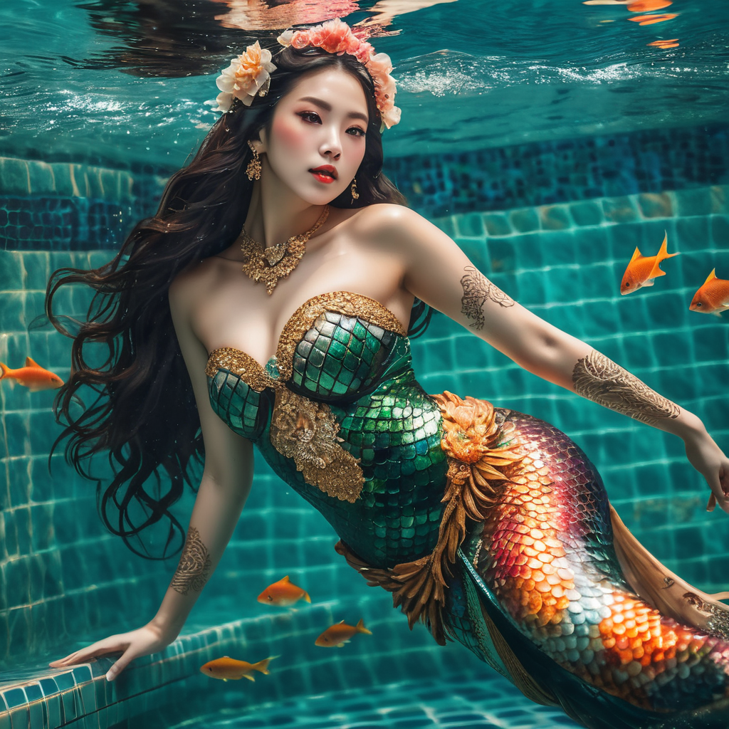 mermaid geisha full body swimming in pool