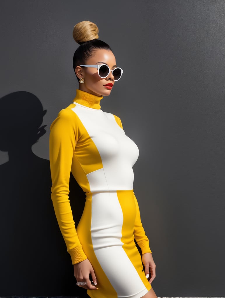 Front profile full body photography, in front of black wall, a hip hop 80's British model woman with 50's haircut, in a yellow and white turtleneck dress and large sunglasses, art by Sergio Lopez and Salvador Dali