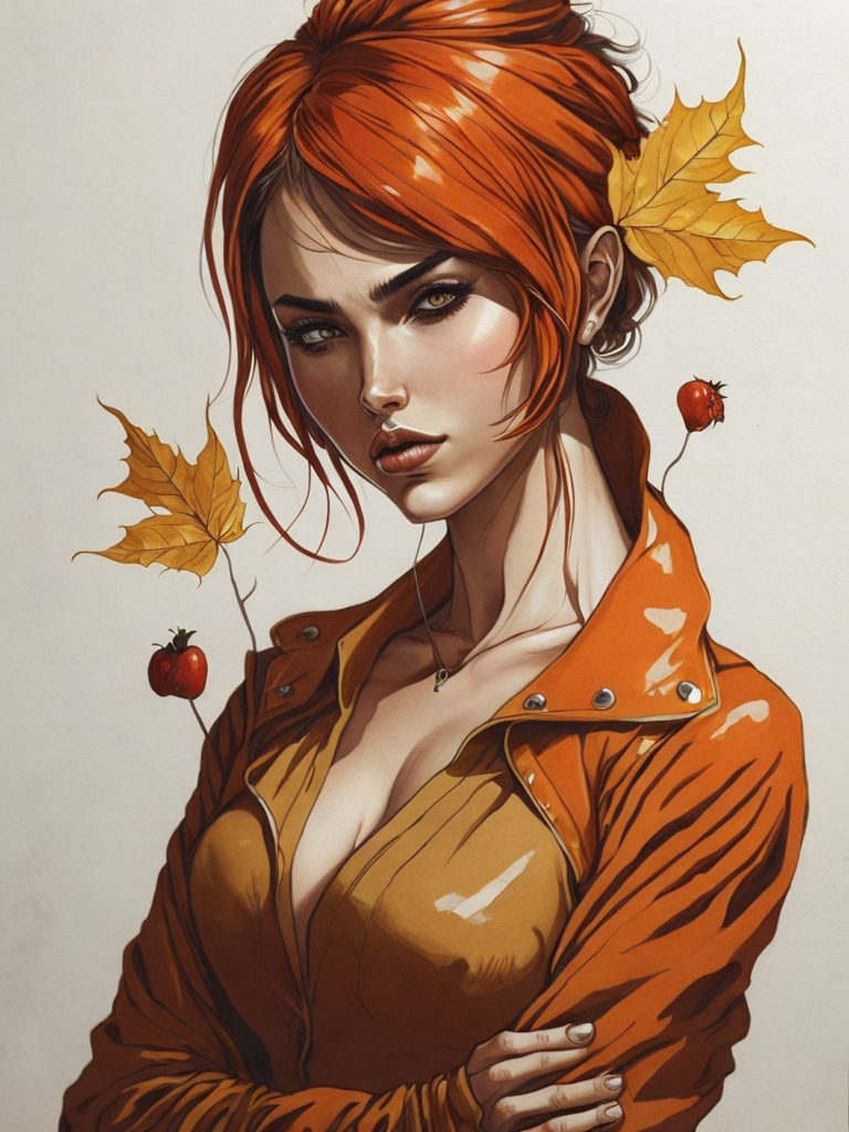 A beautiful full-height girl in an autumn attire. Around her, yellow fallen leaves are swirling, with plenty of sunlight. In the background, there are ripe red apples. Around her, flowers are in full bloom, it's morning. The girl is looking at her reflection in the lake.