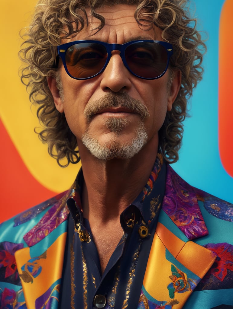 robert plant wearing a brightly patterned jacket and wayfarer glasses, Vivid saturated colors, Contrast color