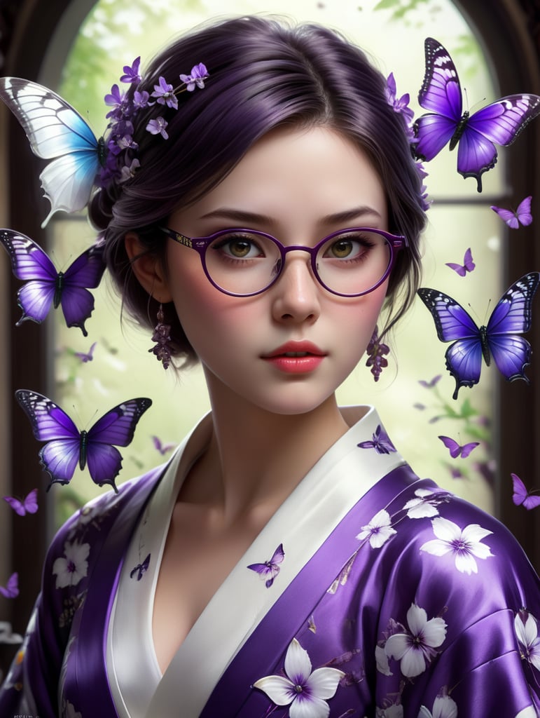 Create a Pixar animation style image of a girl with short dark hair, dark eyes and glasses, her skin is white, she wears a purple and white kimono with purple butterflies