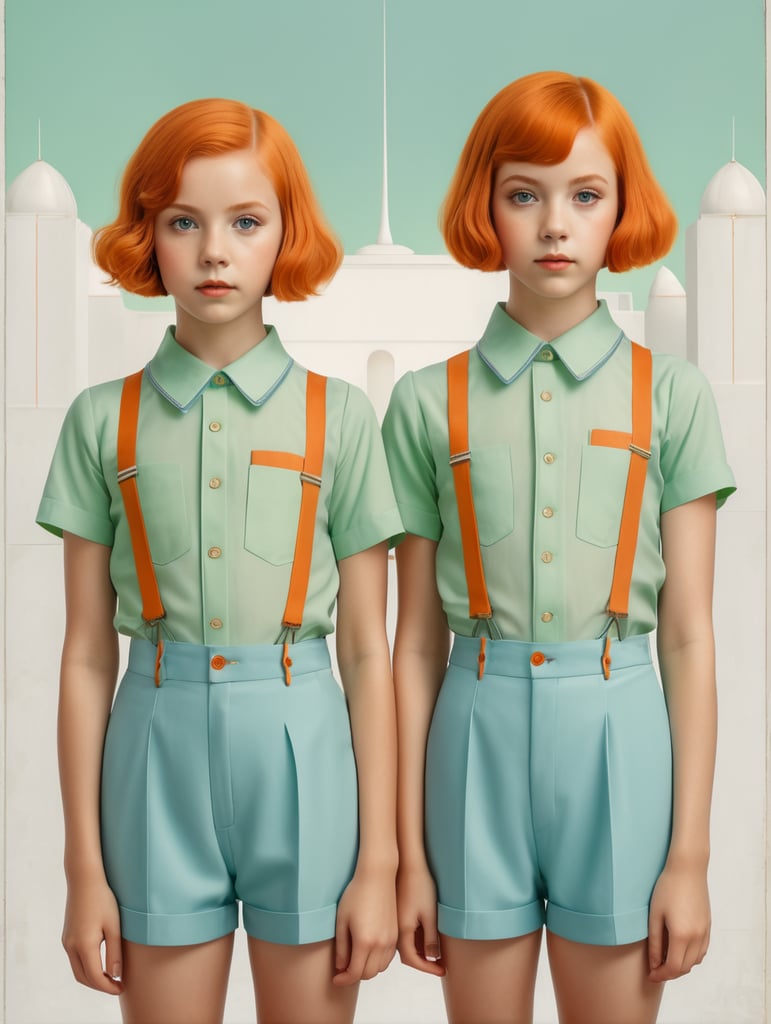 Vintage portrait of two young girls with short orange hair standing next to eachother, Wes Anderson style, frontal view, symmetry, Incredibly high detail, light blue, green, Bright colors