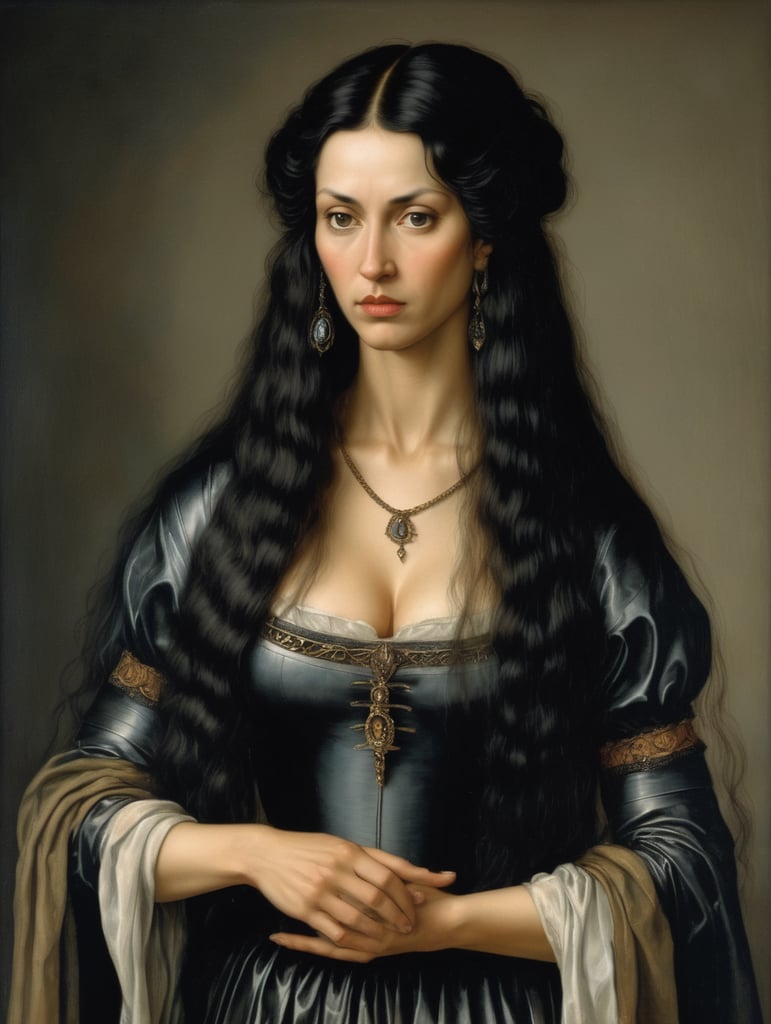 A masterpiece painting by albrecht duerer of a woman with black long hair posing for a painting, standing, portugese witch medevial, black hair witch, famme fatal 36 years old