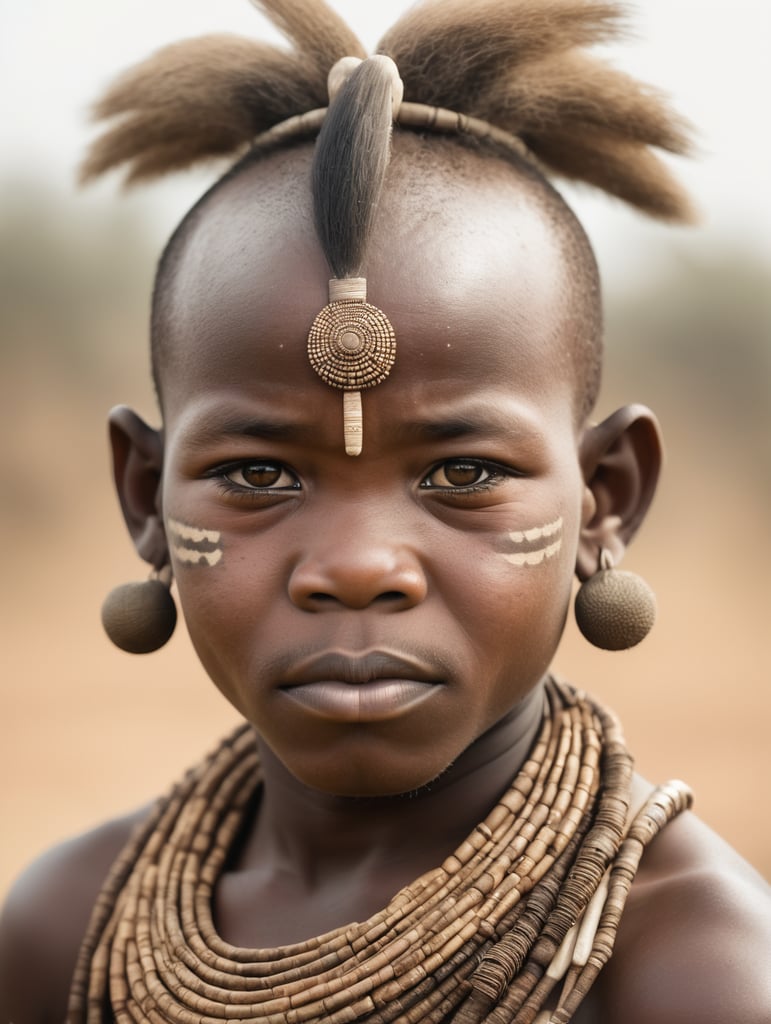 a portrait of a tribal Pygmy, African savanna in the background