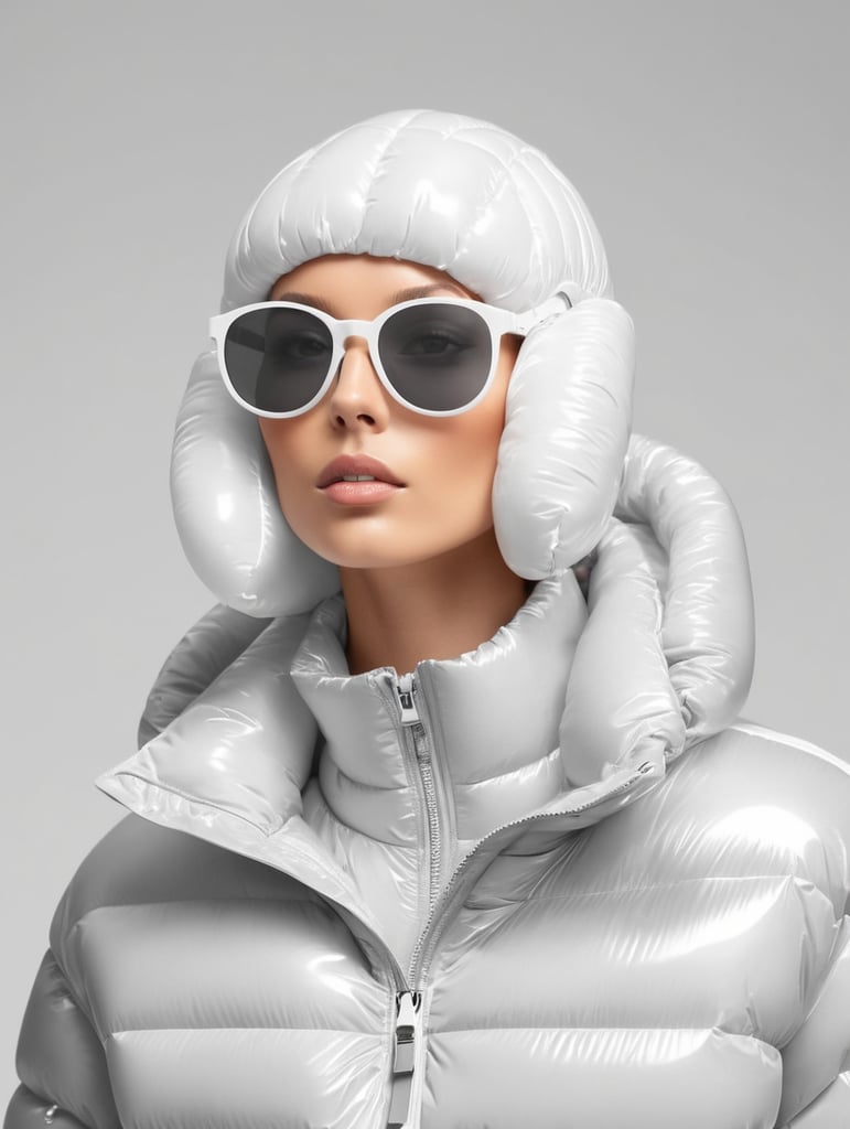 Inflatable white minimalist women's puffer jacket, wearing sunglasses, transparent, isolated, grey background, mockup