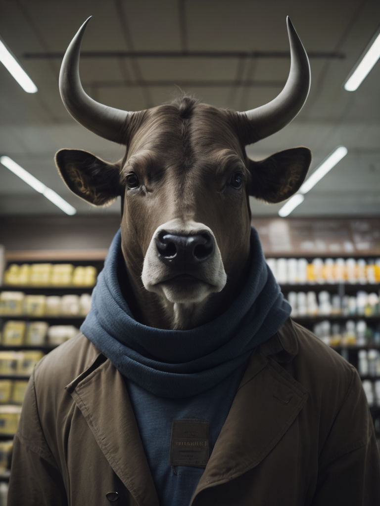 Bull look like a human stylized as a security guard in the supermarket