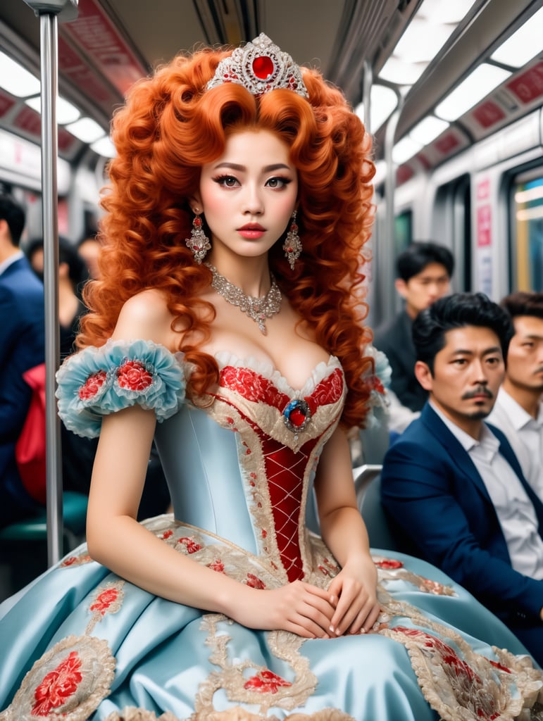 "beautiful rococo princess sitting on the japanese metro", elaborate gown, massive curly red rococo hair, head and shoulders portrait, pretty eyes, 8k photo. crowded metro with onlookers