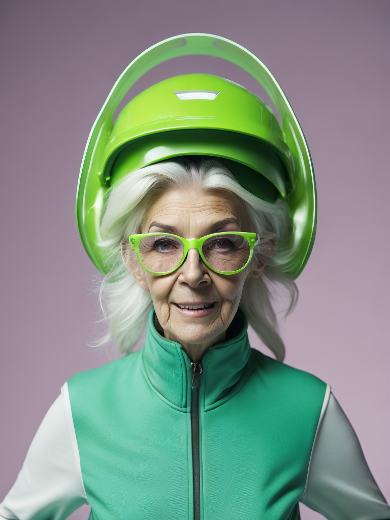 a gnome from fairytale supermodel 76 years old wearing a neon green helmet dressed in athletic clothing and glasses, in the style of futuristic glam, retro futurism, neon green clothing, glasses without color, clear glass, long white hair, teal background, mike campau, anton fadeev, high gloss, mono-ha