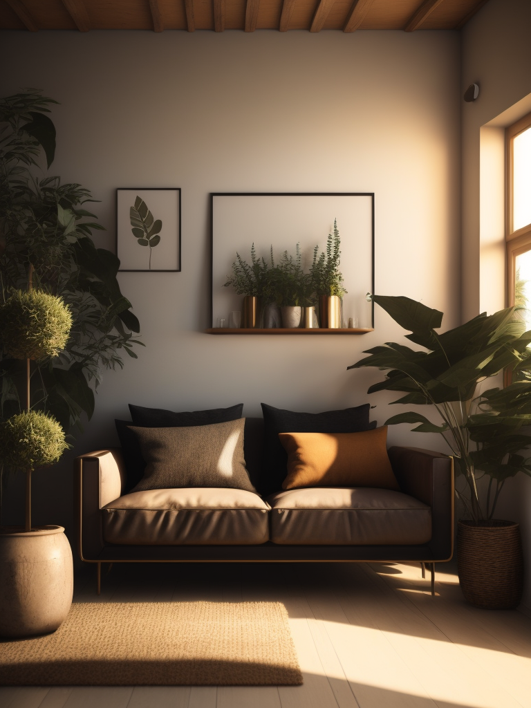 A primitive interior design style for modern times, Living room, Minimalist House Sweden, light colors, sunshine, green plants, with earthy finishes and cozy detailing throughout, candle lit evening time