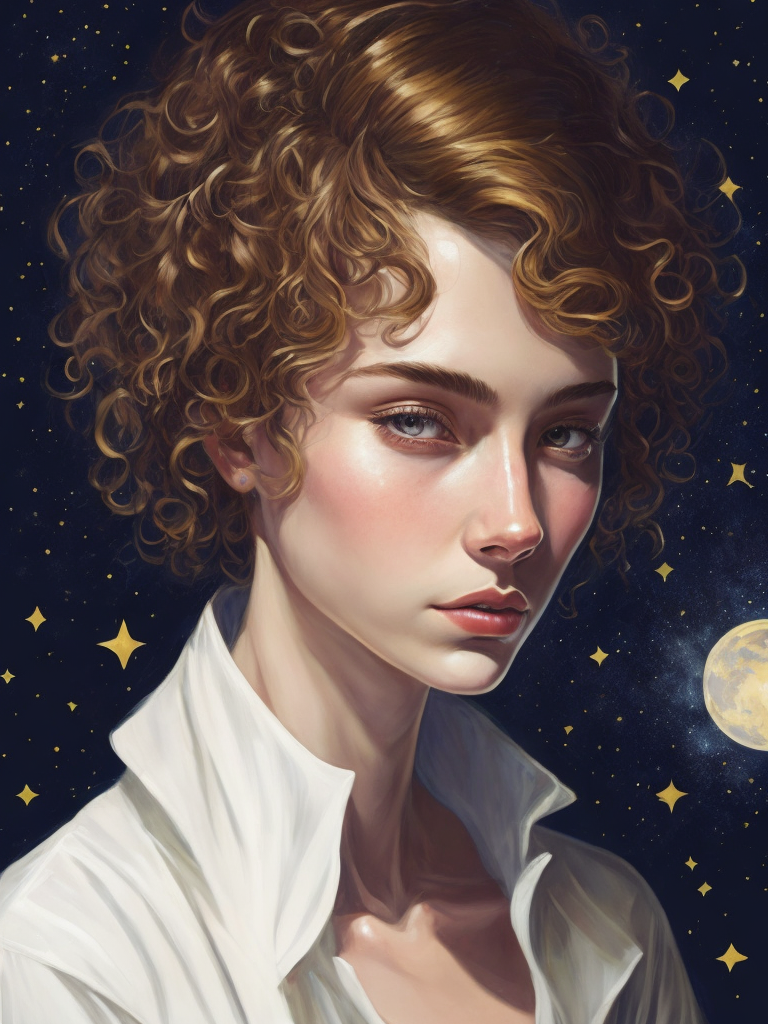 Highly detailed portrait of a short haired freckled woman. She is deep in thought under a starry night. Dramatic backlighting backlighting, cinematic, intricate. Art by Tom Bagshaw, Leonid Afremov, Vincent Van Gogh, Caravaggio, Donato Giancola, Luis Ricardo Falero, a young girl with colorful cat face, unruly curly hair Acrylic art by Artgerm, Gediminas Pranckevicius, Andrew atroshenko, Nick Gan, Lisa Buijteweg, Toraji, trending on Artstation, intricate, highly detailed, crispy quality, dynamic lighting, hyperdetailed and realistic