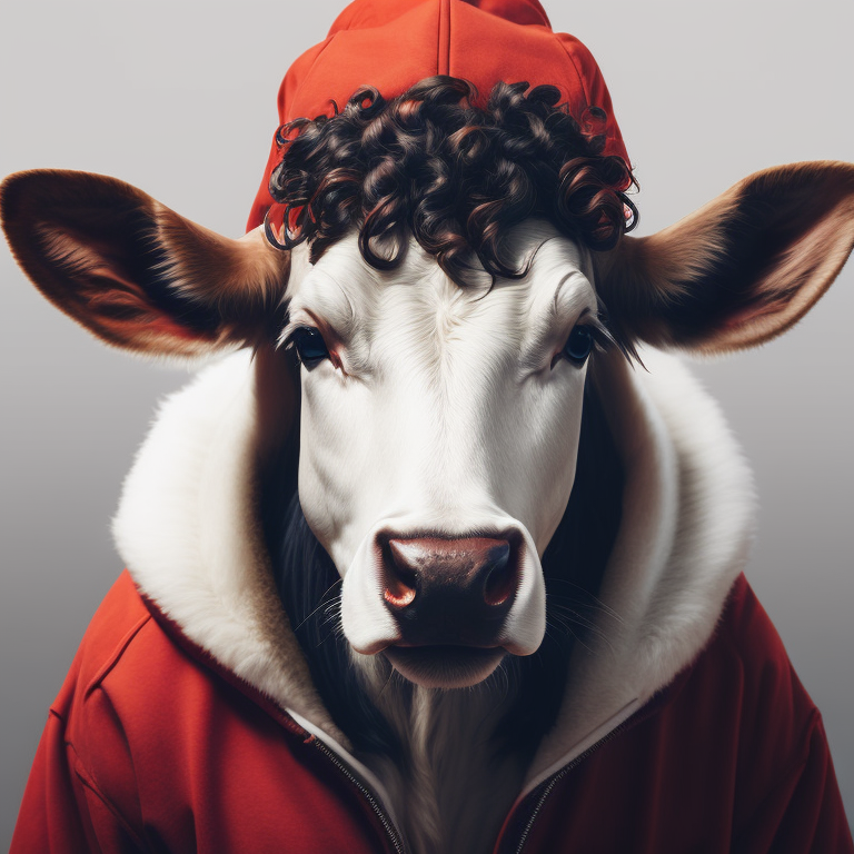 Hip Hop white cow,portrait, in red hoodie,mohawk, vintage style, gentle watercolor style, white isolated background,full face