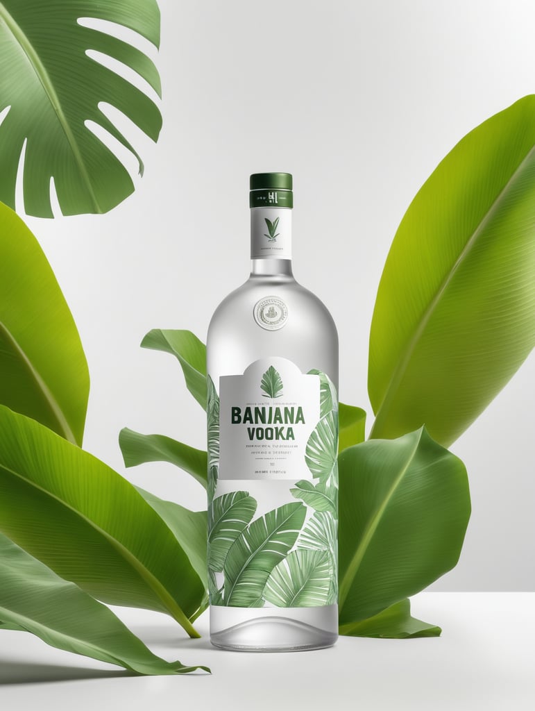 Packaging and branding for a banana vodka brand as if it had been designed by HI ESTUDIO with In a set design with banana, and banana leaves.