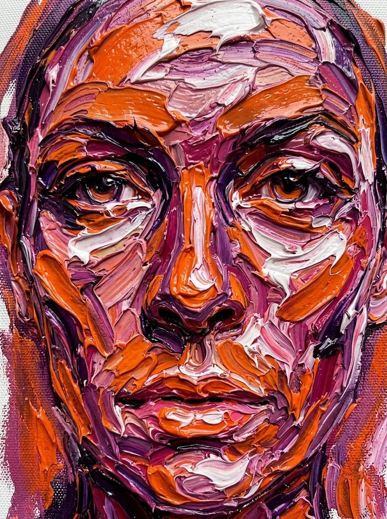 abstract portrait face formed by extremely thick impasto paint, sculptural oil strokes, vibrant orange purple pink and white palette, glossy palette knife texture, heavy ridges, extreme close-up