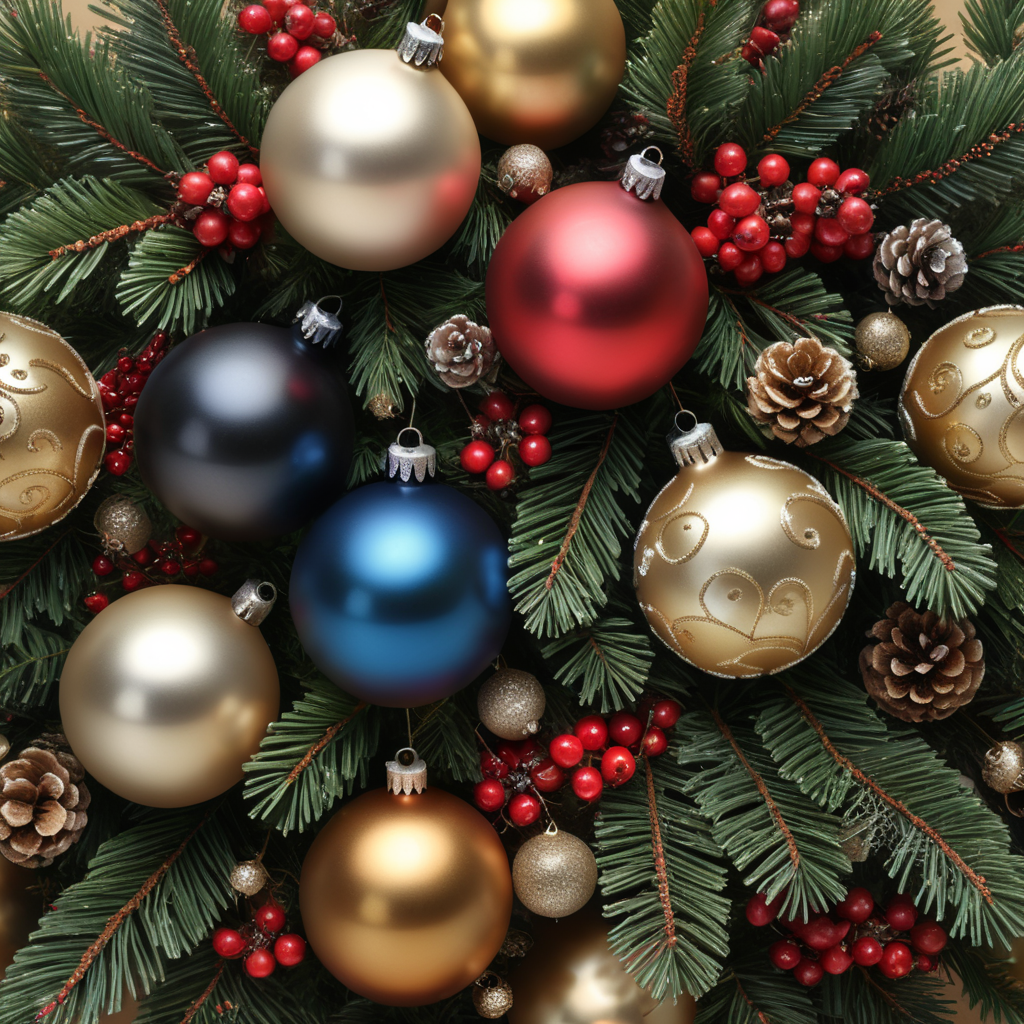 christmas balls, berries and leaves on pine branches, two shades of beige