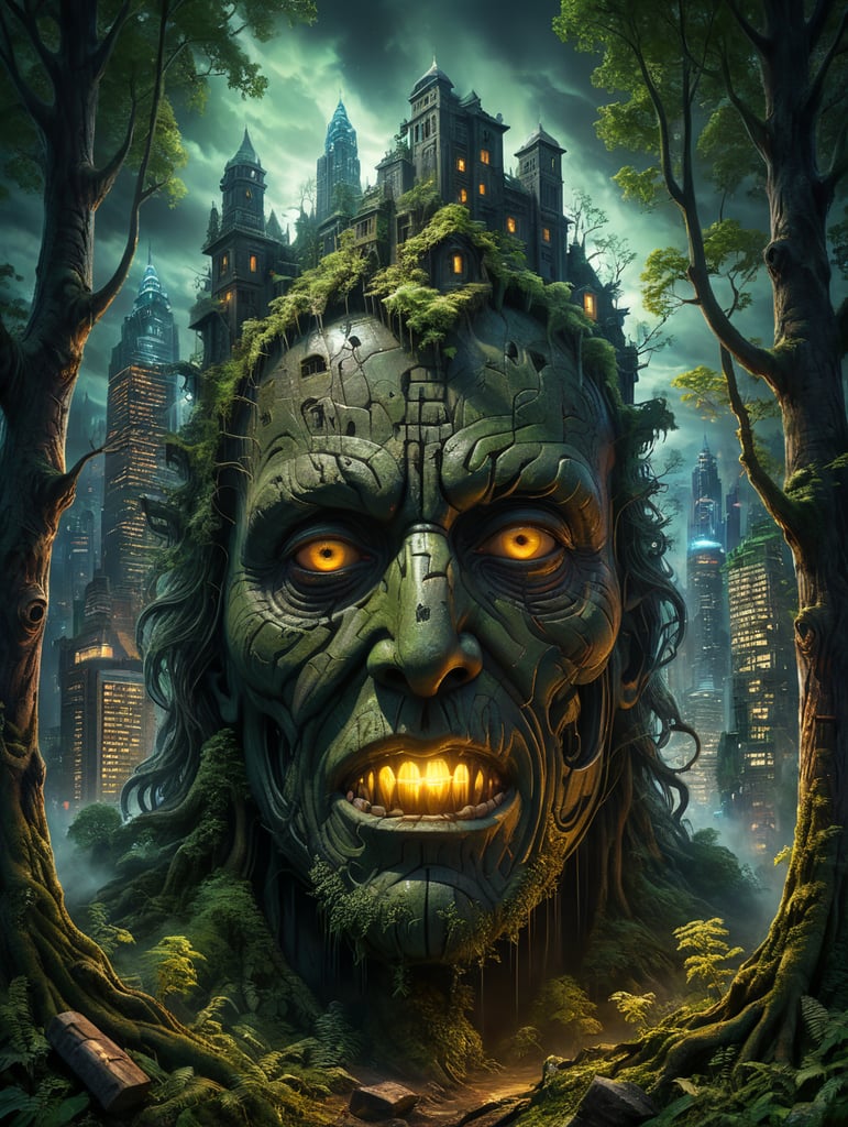 optical illusion of a hidden face hidden in a scene of dark forest city at night, buildings shine with neon lights amongst the beautiful boughs of the trees, a face hidden like a painting by Oleg Shuplyak.