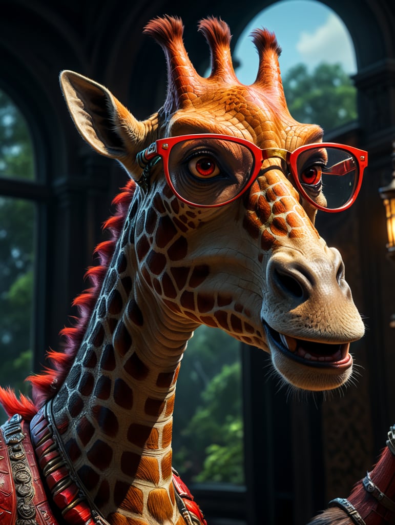 Girrafe with glasse with red arms, disney pixar style