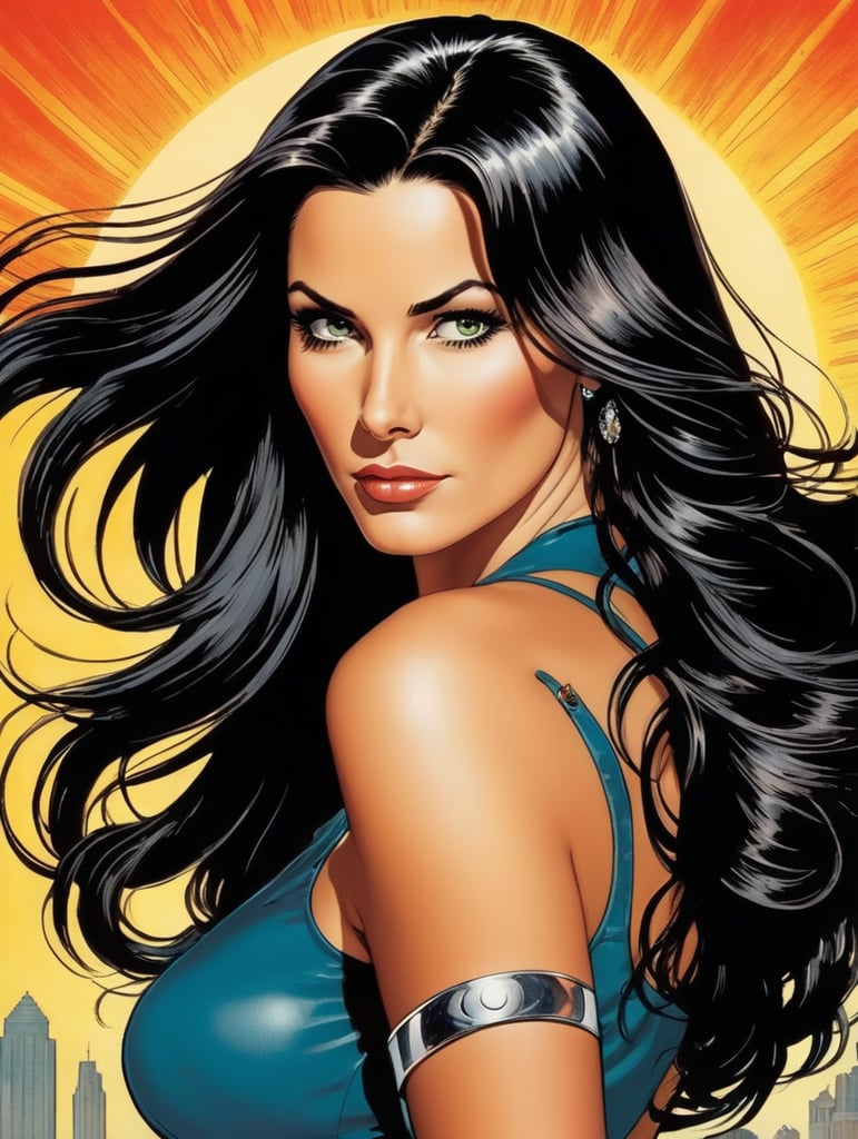 This artwork cover for a comic book of a beautiful mom with long hair by George Wilson is an eye-catching poster-style drawing and illustration representing the iconic pulp style.