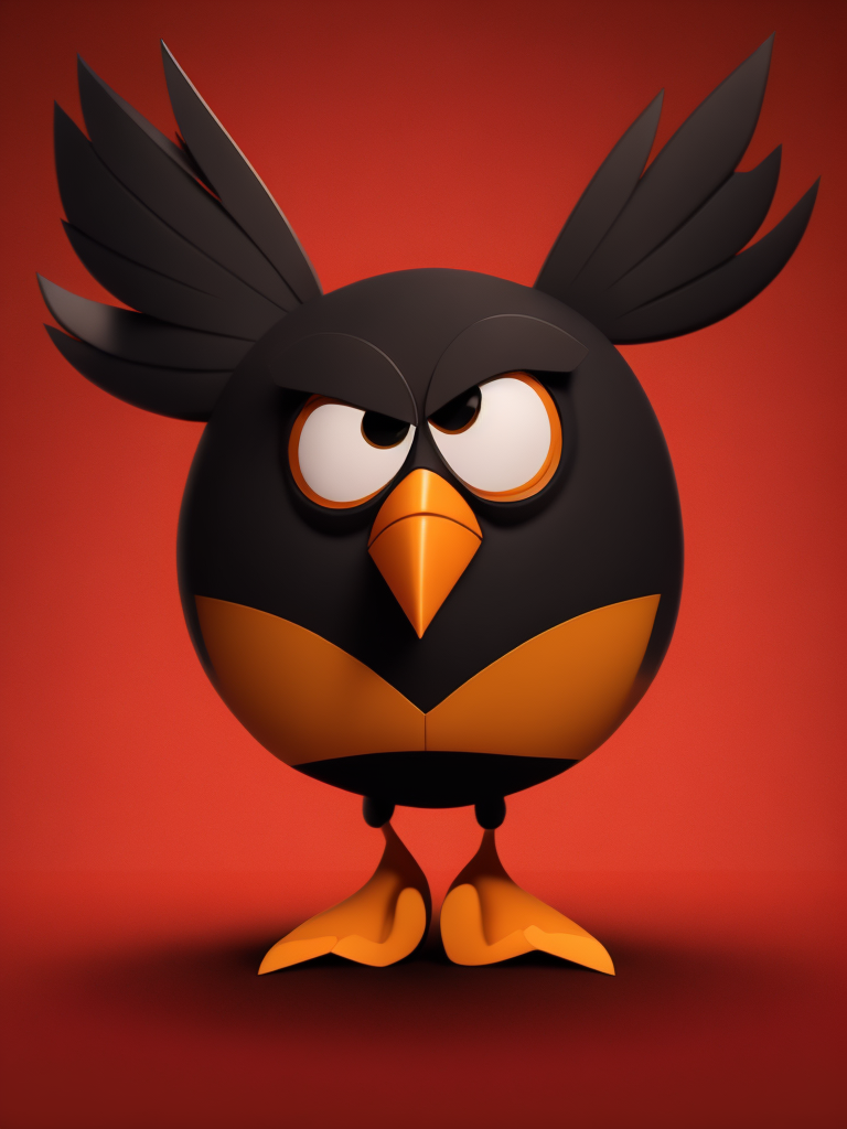 angry birds black bird on red background, standing centered in 3D style, rendered using beautiful Disney animation, Pixar style, Disney style, 3D style