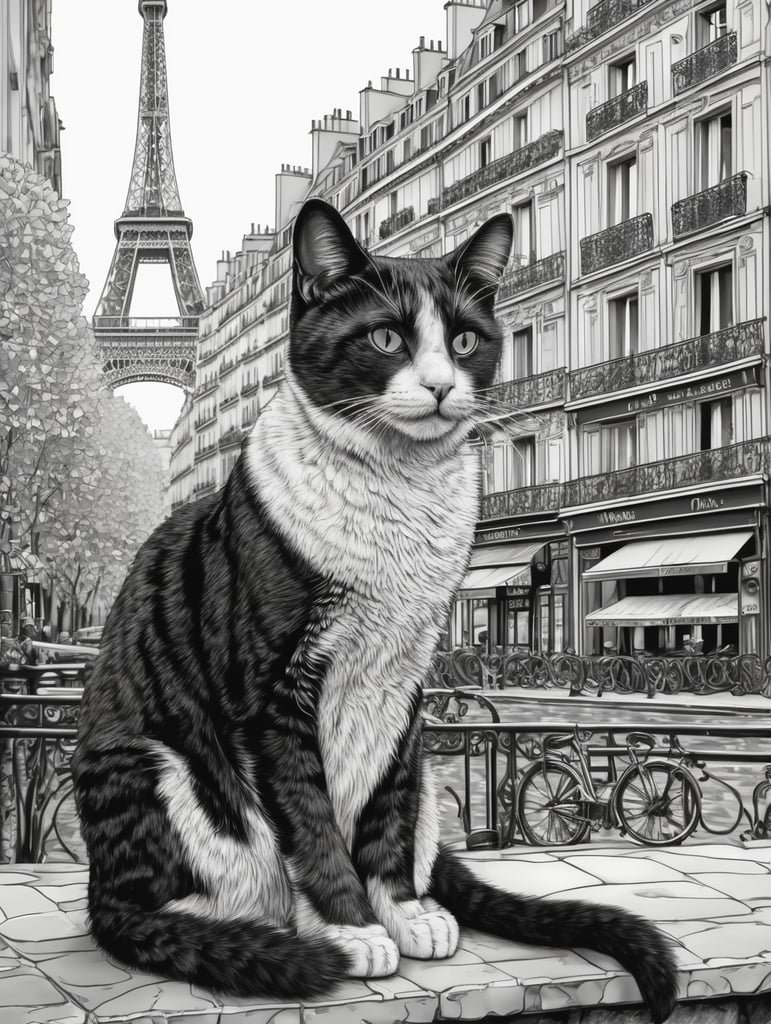 a cat in Paris black and white, illustration, monochrome for coloring book, in the style of simple line art vector comic art on white background