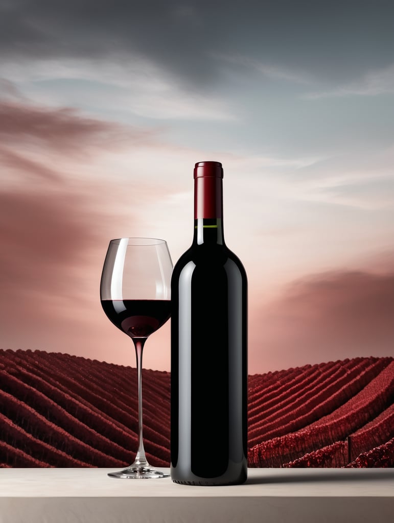 Botella de vino tinto con textura de cielo en toda la botella y tapadera de corcho negra sin etiquetas. en set minimalista fotografico