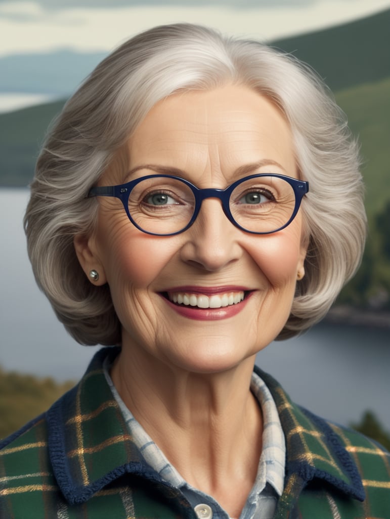 portrait of a 55year white woman with a round smiling face, glasses, Tartan clothes, Loch Ness monster, clear details