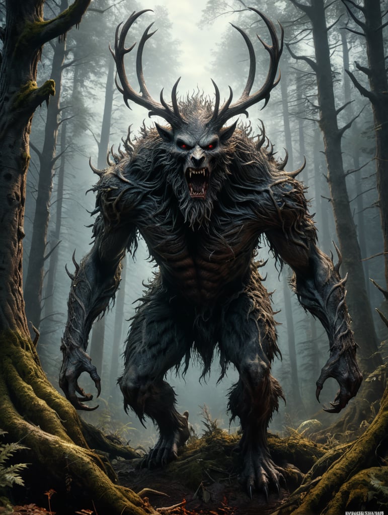 Horror movie creature, wendigo, dark forest background