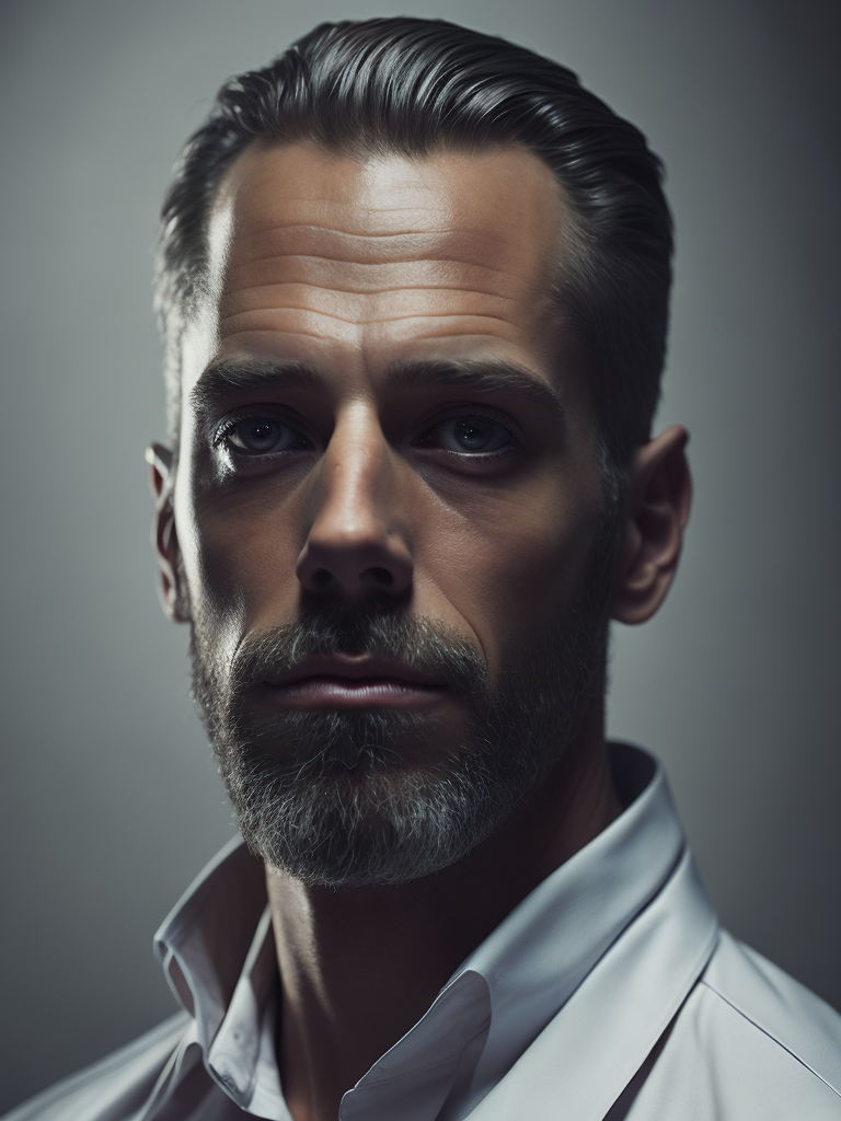 Portrait of Homer Simpson as a real person, white shirt, Dramatic Lighting, Depth of field, Incredibly high detailed