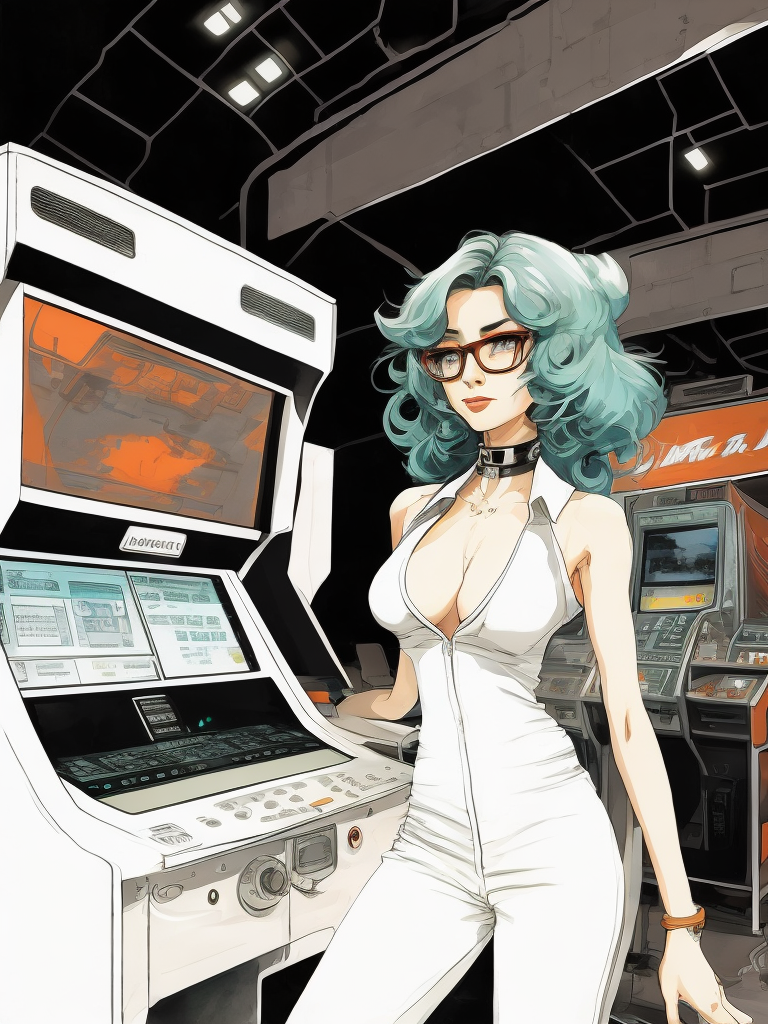 Vintage 90's anime style environmental wide shot of a chaotic arcade at a woman wearing glasses playing an arcade by hajime sorayama, greg tocchini, virgil finlay, sci-fi. line art. environmental arcade art.