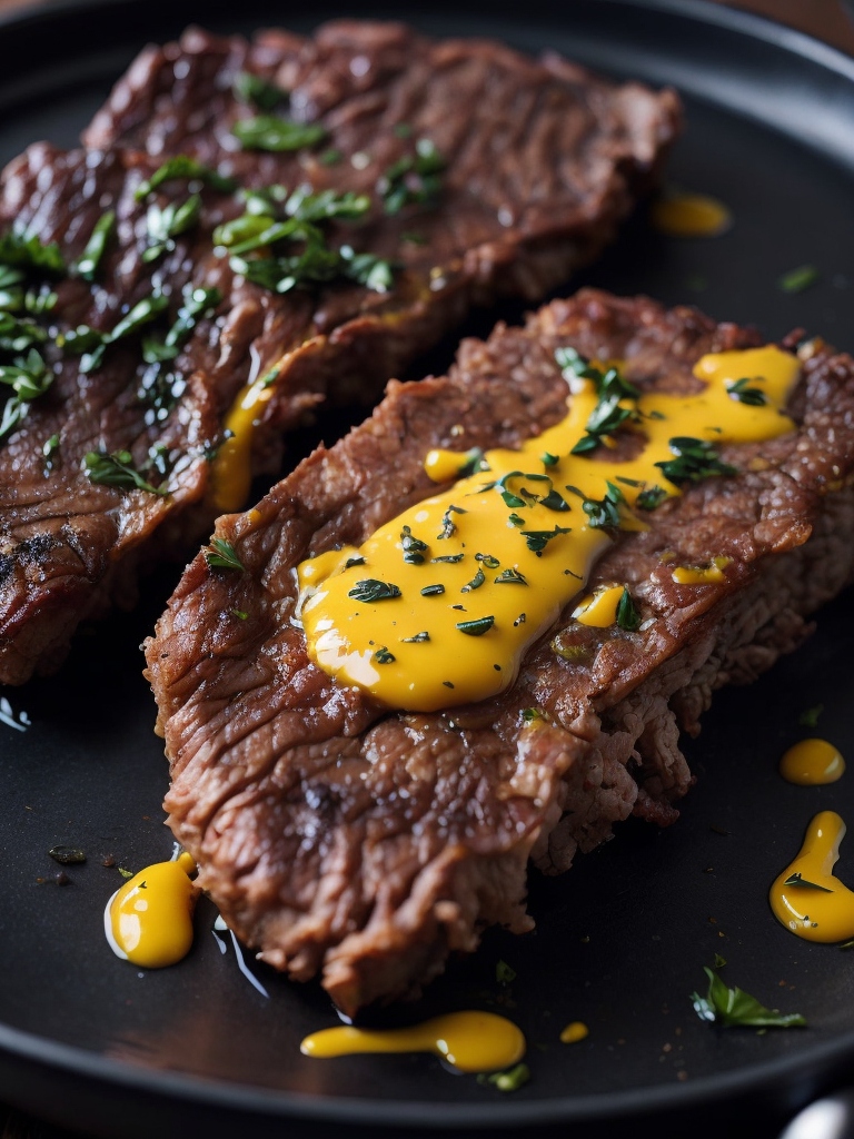 fried steak with melted butter, cinematic shot