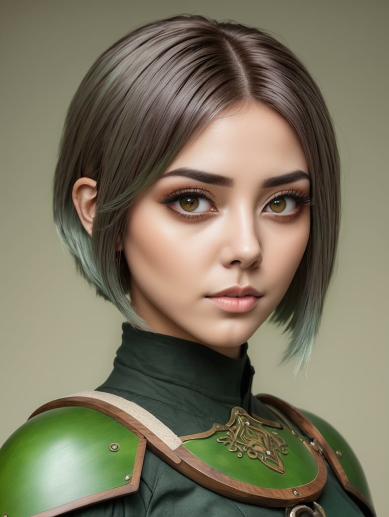 Młoda kobieta o krótkich zielonych włosach z brązowymi pasemkami Ma również drewnianą maskę. Obwudki oczu maski również są zielone tak jak włosy.