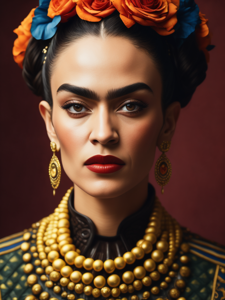 Portrait of Frida Kahlo, bright and saturated colors, elegant, highly detailed, vogue, fashion magazine, sharp focus, bright expressive makeup, dramatic lighting, depth of field, incredibly high detailed, blurred background