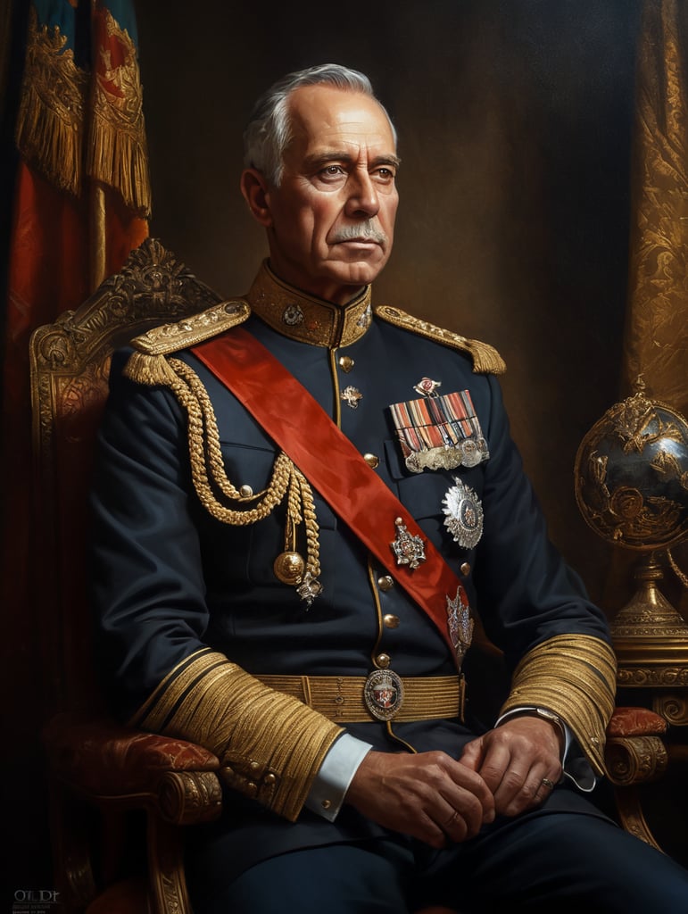 Classical portrait of royalty in uniform. Dramatic lighting. Oil paint texture, high quality.