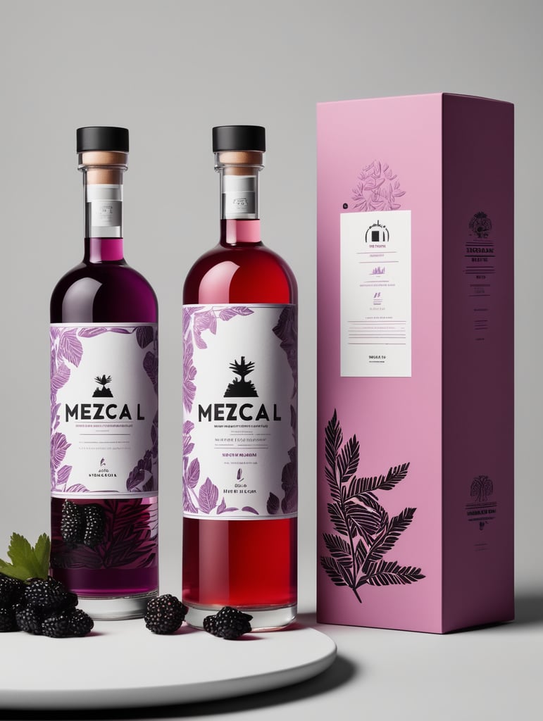 Packaging and branding for a mezcal brand as if it had been designed by HI ESTUDIO with In a set design with bricks, black currant and dry leaves.