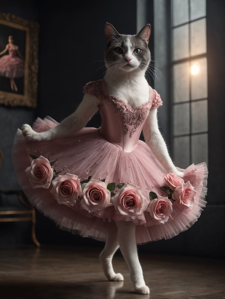 ballerina cat in a rose dress