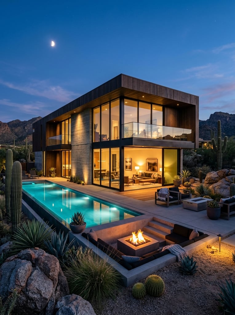 Modern two-story house at dusk, floor-to-ceiling glass windows glowing with warm interior light, illuminated rectangular swimming pool, concrete patio with sunken fire pit, desert landscaping with saguaro cacti and boulders, twilight blue sky with crescent moon, architectural photography, cool exterior and warm interior contrast