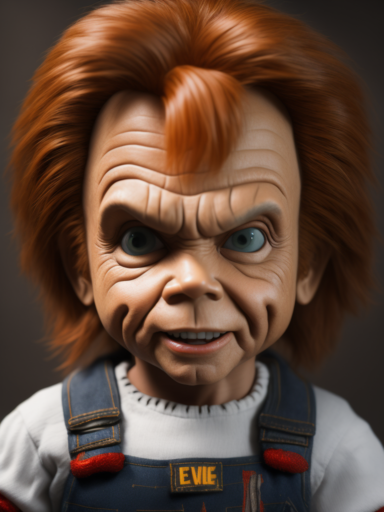Chuck Norris as an evil Chucky doll, devilishly laughing, Chucky Norris bright and saturated colors, highly detailed, sharp focus, Dramatic Lighting, horror movie atmosphere