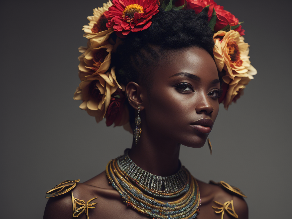 Pretty african girl with flowers in hair, fashion magazine, sharp focus,highly detailed,bright and saturated colors,elegant