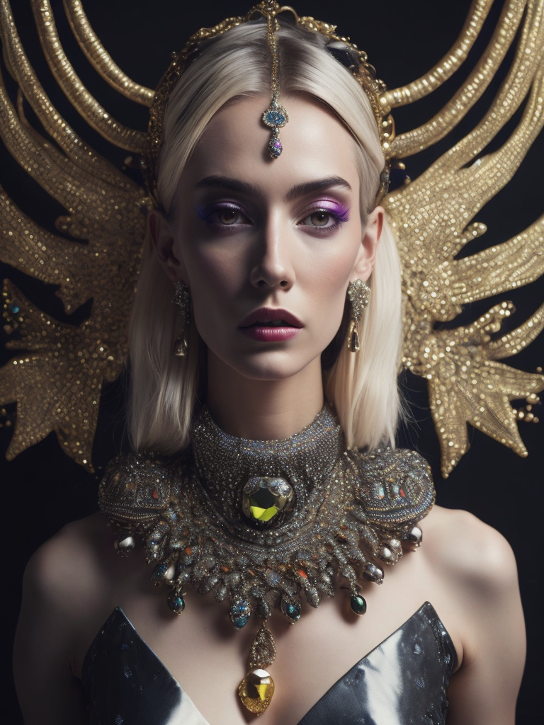 retrofuturistic massive huge jeweled necklace with huge diamonds and jewels on interplanetary interspecies male robot monster, horrific, terrifying, scary, mean. many spirder eyes, huge big jewel encrusted clothing, big pearls, precious gems. The set design is bold geometric patterns photographed by Romina Ressia, film still from wes Anderson, Gucci, Versace, givenchy, medium shot fashion, award winning photography, arty pose, fashion, diaphanous layered ultra haute couture, high definition, high resolution, bold vibrant colors , volumetric lighting, 8k, 3d render