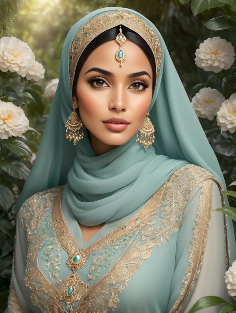 Beautiful Princess Jasmine wearing hijab girl. make the image full body with a beautiful garden setting. the image will have dreamy and frminine feel