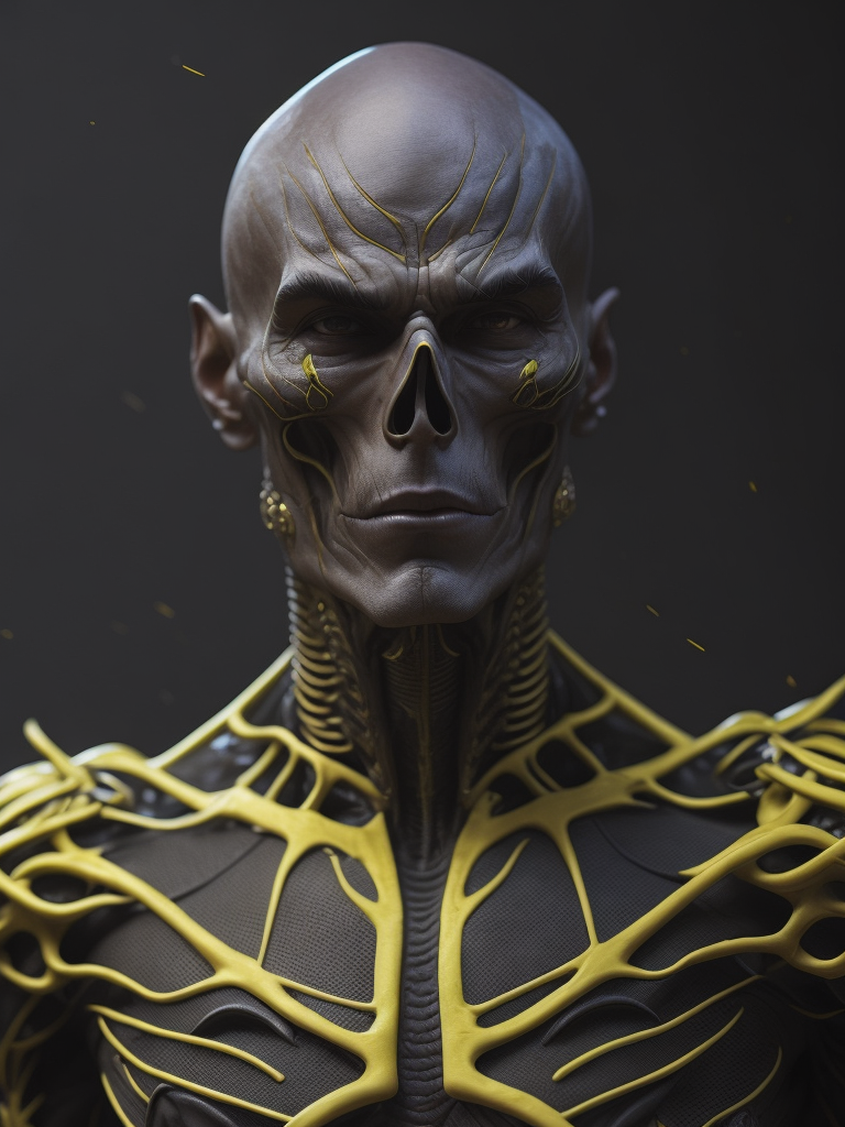 a close up of a person with a skeleton, digital art, inspired by tomasz alen kopera, psychedelic art, colorful muscular eldritch, james jean, highly detailed cybernetic body, hastur the king in yellow
