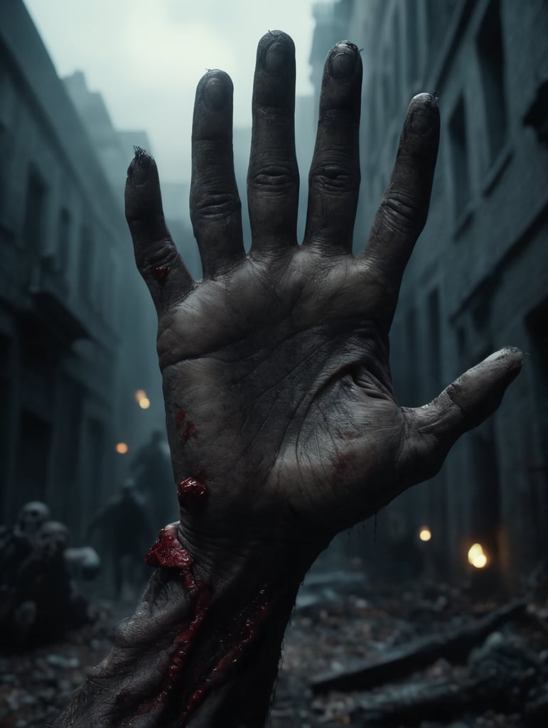 Zombie hand,horror,cinematic,Halloween,hyper realistic,4K,Refocus background,hand coming out from the ground.