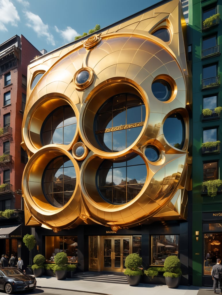 dream prompt: the drone view, a gold palette hyper realistic futuristic neocosmic exterior architecture of a complex Fluid rose facade of restaurant in a geometric lines shapes spectrum, Axel Törneman style architecture, day's ambience, sunny day, in new york city 2023s, gold::1 green:3, hyper detailed, natural lighting, camera nikon, 8k, --s1000 --style raw