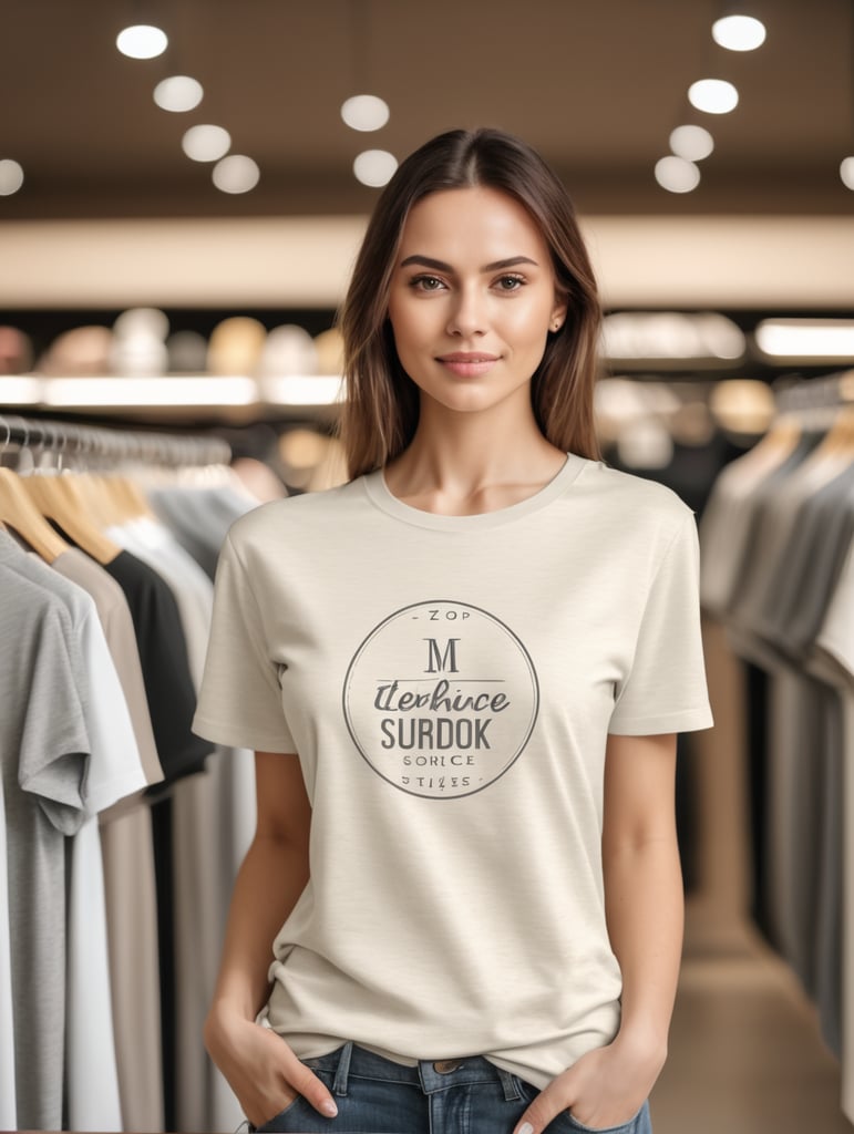 Woman wearing T-Shirt in Clothing Store Mockup